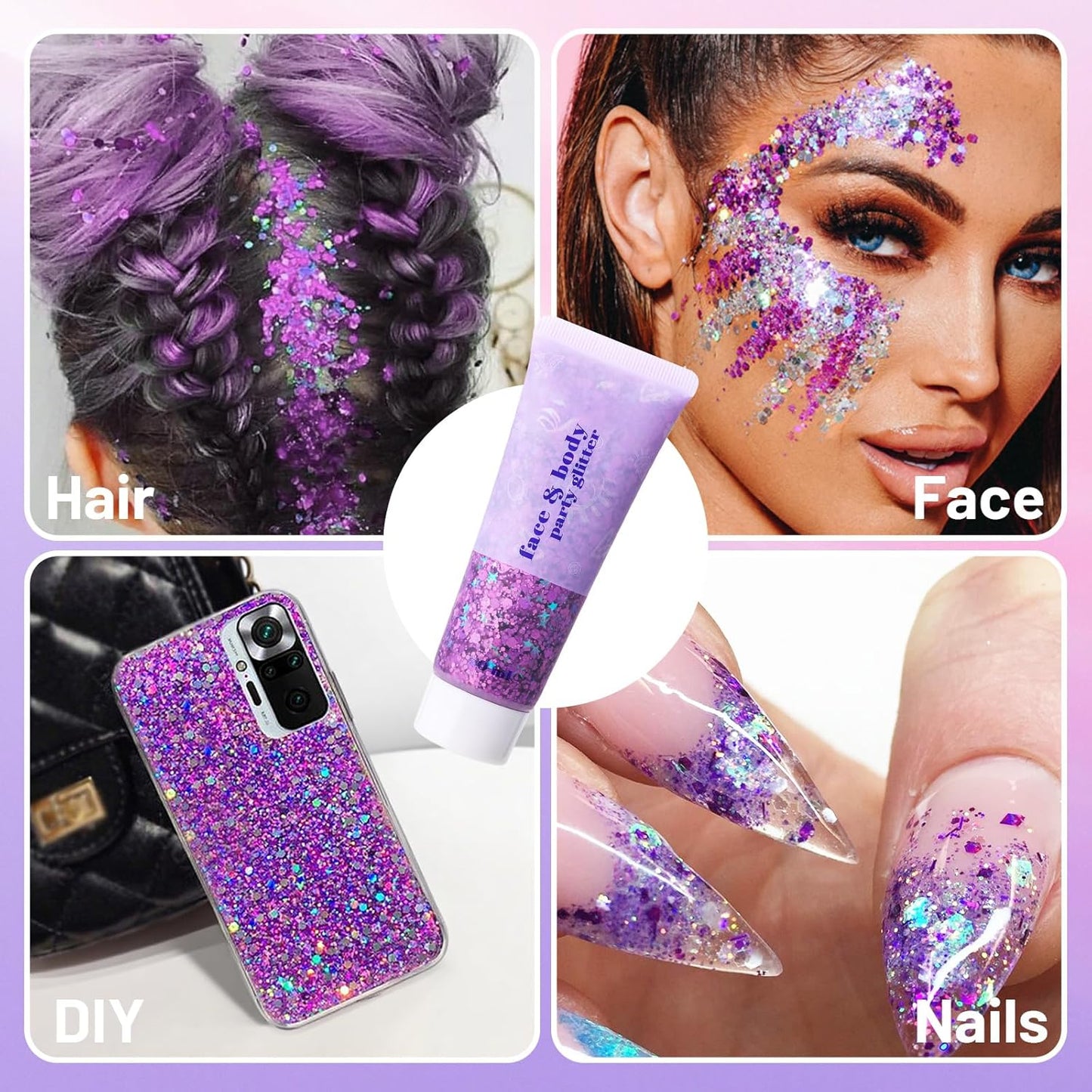 DAGEDA Purple Body Glitter Gel, Holographic Face Glitter Body Gel Rave Party Accessories, Chunky Glitters for Face Hair Nails, Cosmetic Laser Powder Festival Sequins Paint Makeup