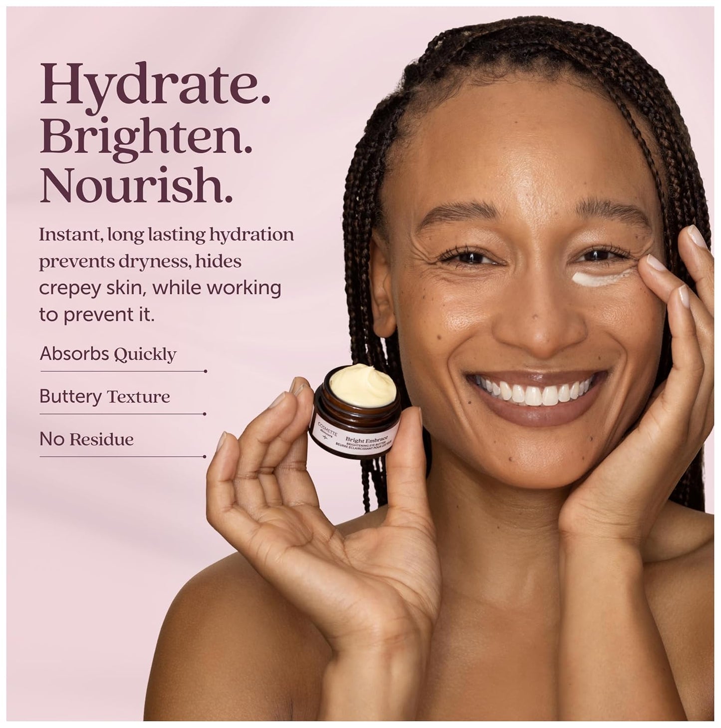 Cosmette Bright Embrace Brightening Eye Cream, Vegan Under Eye Butter for Dark Circles & Wrinkles with Niacinamide, Protect Sensitive Skin Against Aging, Natural Skincare for Clean Beauty, 0.5 FL Oz