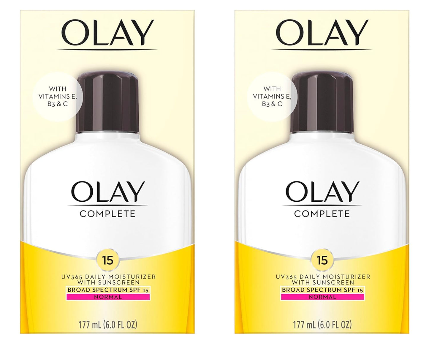 Olay Face Moisturizer, Complete with Sunscreen SPF 15, Daily Facial Lotion for Normal Skin, Lightweight Hydrating Broad Spectrum Sun Protection - Vitamin C, E, and Niacinamide - 6 Oz 2 Pack