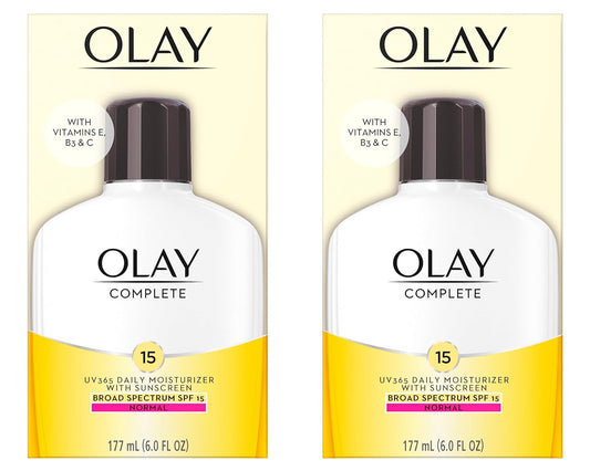 Olay Face Moisturizer, Complete with Sunscreen SPF 15, Daily Facial Lotion for Normal Skin, Lightweight Hydrating Broad Spectrum Sun Protection - Vitamin C, E, and Niacinamide - 6 Oz 2 Pack