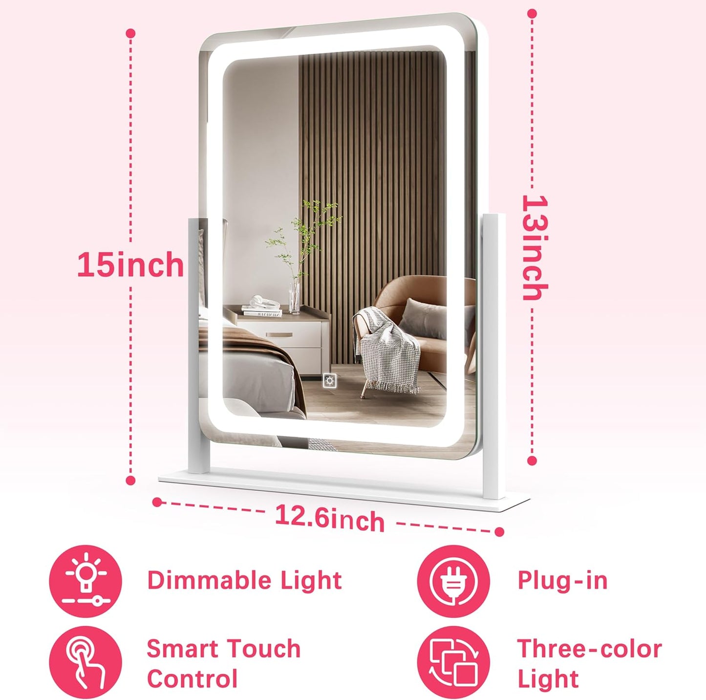Vanity Mirror with Lights, 12.6"×15" LED Makeup Mirror, Lighted Makeup Mirror with Lights, Smart Touch Control Dimmable 3 Modes Light, Lighted Up Mirror for Makeup Desk, Bedroom, Dressing Room