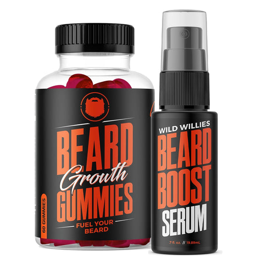 Wild Willies Beard Growth Dual Threat: Beard Growth Gummies and Serum Kit for Men - Biotin, Caffeine & Essential Growth Oil for Fuller, Thicker Facial Hair - Beard Vitamins & Enhance Beard Growth