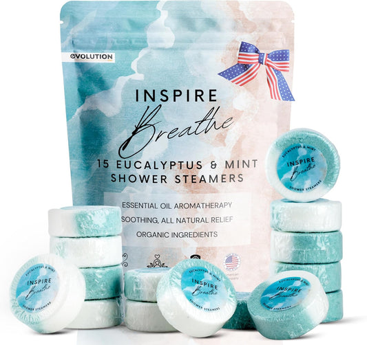 EvolutionUSA Inspire Breathe Shower Steamers, 15 Mint & Eucalyptus Shower Steamers for Women & Men, Refreshing Vapor Shower Tablets, Self Care Shower Bombs, Gift for Mother's Day, Easter, Birthday