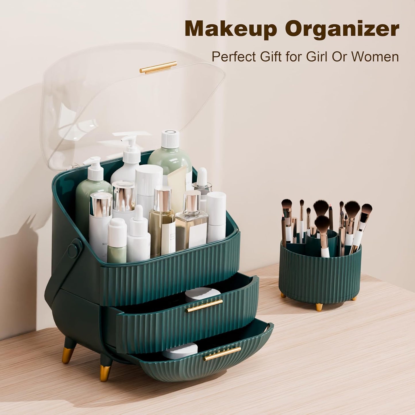 Makeup Organizers and Storage Make up Organizer for Vanity Cosmetics Skincare With Lid and Drawers Display Cases for Countertop Bathroom Women Teenager Girl Gifts(Dark Green+Brush Holder)