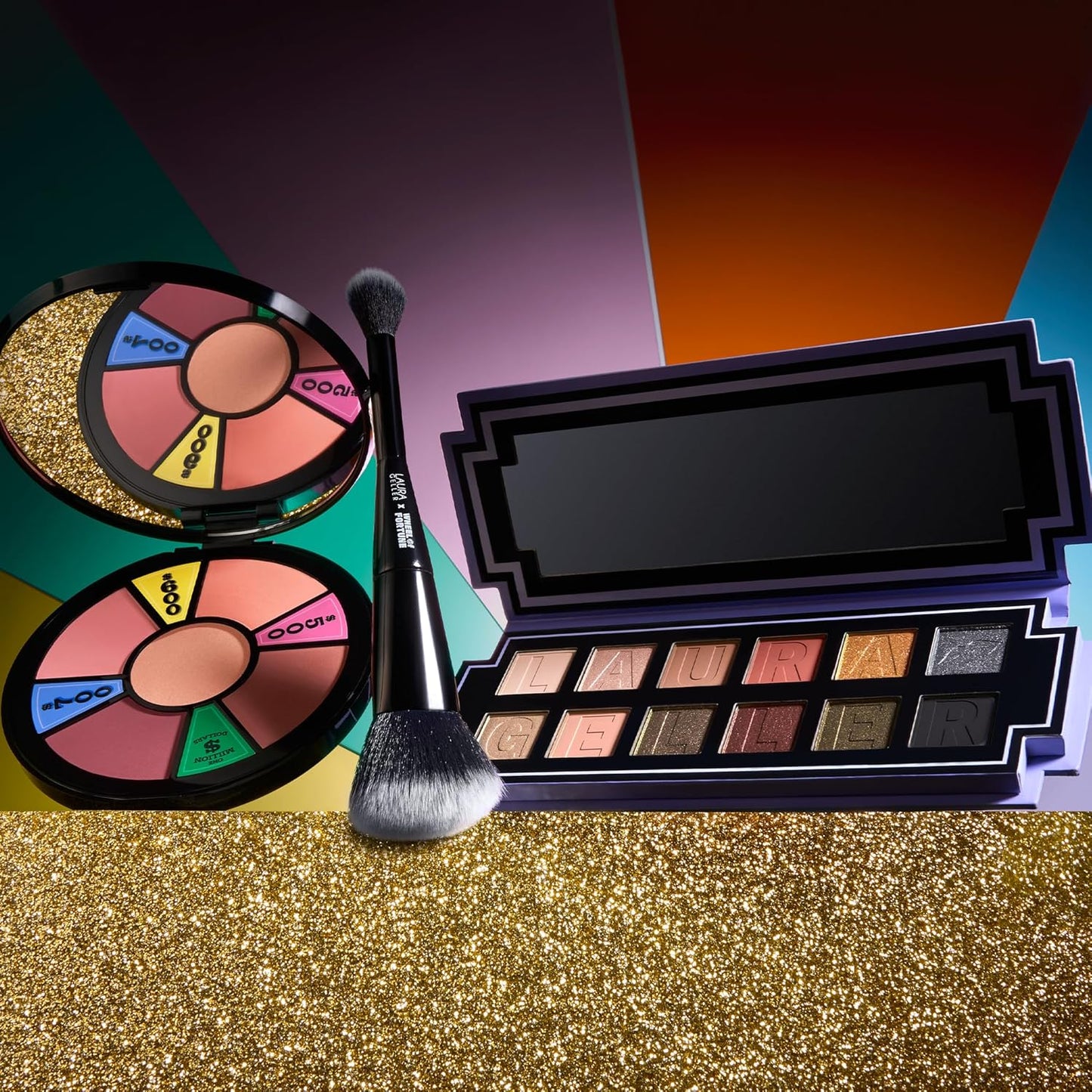 LAURA GELLER NEW YORK Wheel fo Fortune Eye and Cheek Palette Kit - Prizewinnig Eyes Eyeshadow Palette + Face the Day Blush Palette + Dual-Ended Brush