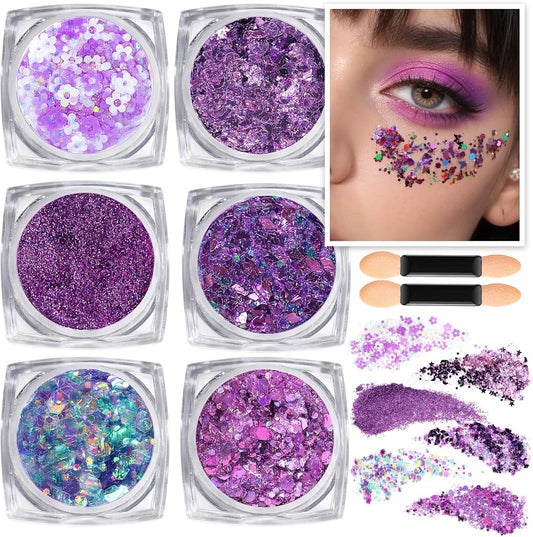 Teenitor Body Glitter Gel - Purple Face & Body Glitter Set, 6 Shapes, Hair Glitter Gel, Makeup Glitters for Face, Body, Hair